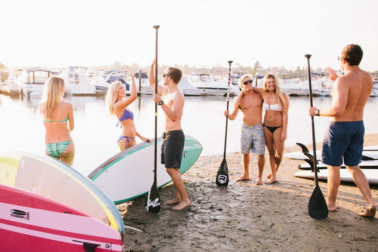 Group paddle boarding event in Newport Beach