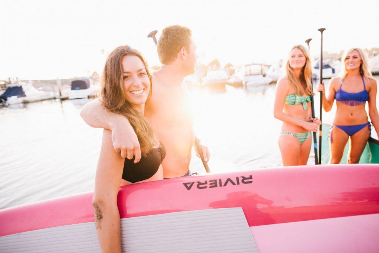 Group paddle boarding event in Newport Beach