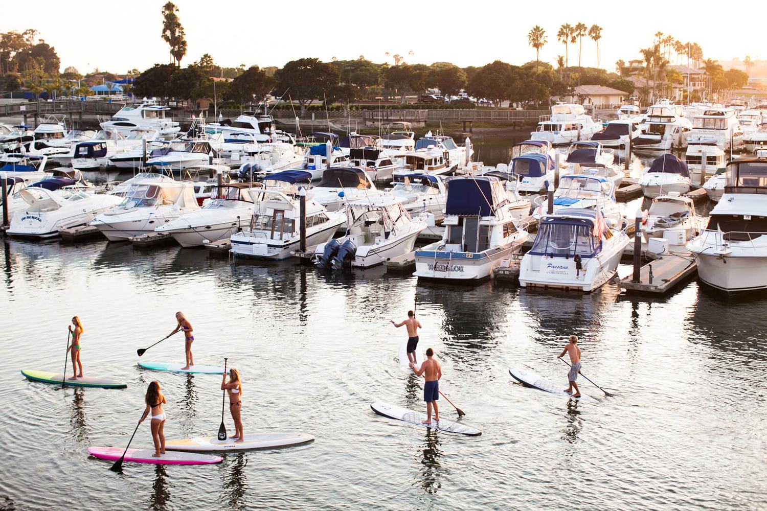Group paddle boarding event in Newport Beach